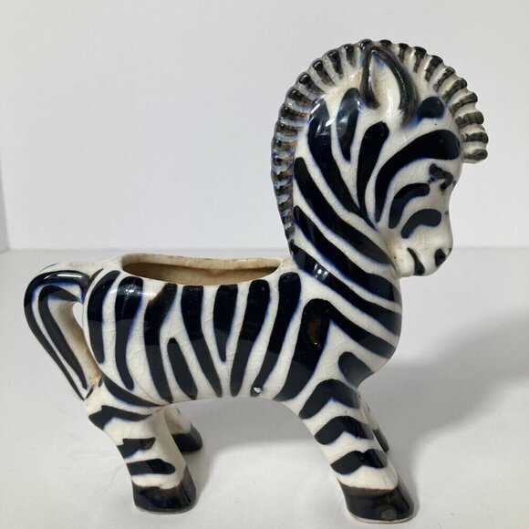 Vintage‎ MCM Porcelain Zebra Planter Made in Japan Black & White 5 x 6" Flaw - Picture 2 of 9